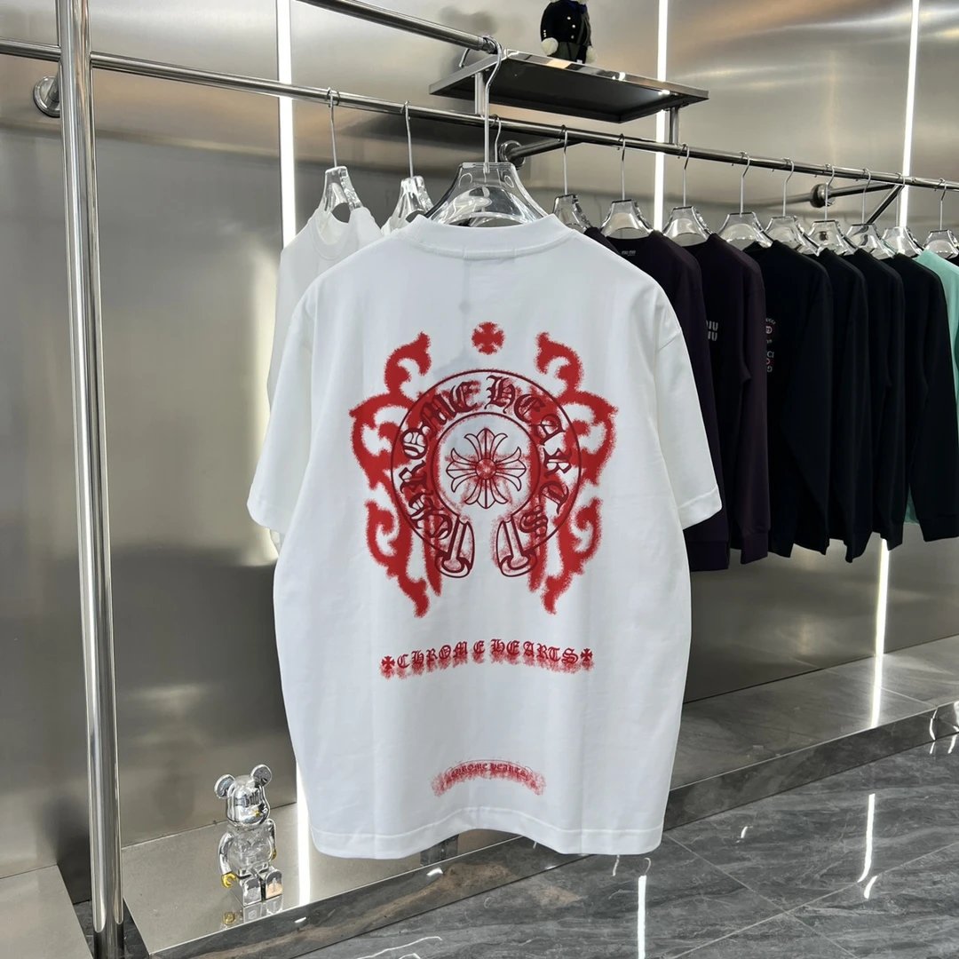 Chrome Hearts T-shirt Horseshoe 3D Silicone logo Round Neck Short Sleeve Pure Cotton Unisex T T-shirt OS Loose Fit T-Shirt Casual Simple Base Shirt