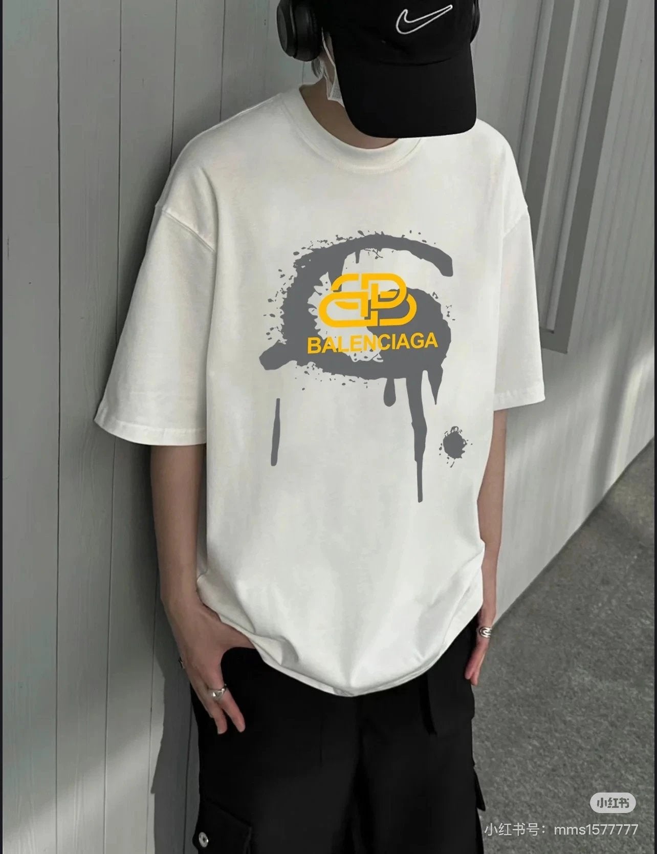 Balenciaga T-shirt Front Chest Lock Ink Splash Letter Print logo round Neck Short Sleeve25ss New Pure Cotton Unisex Style T T-shirt OS Loose Fit Base Shirt Top Half Sleeve T-Shirt