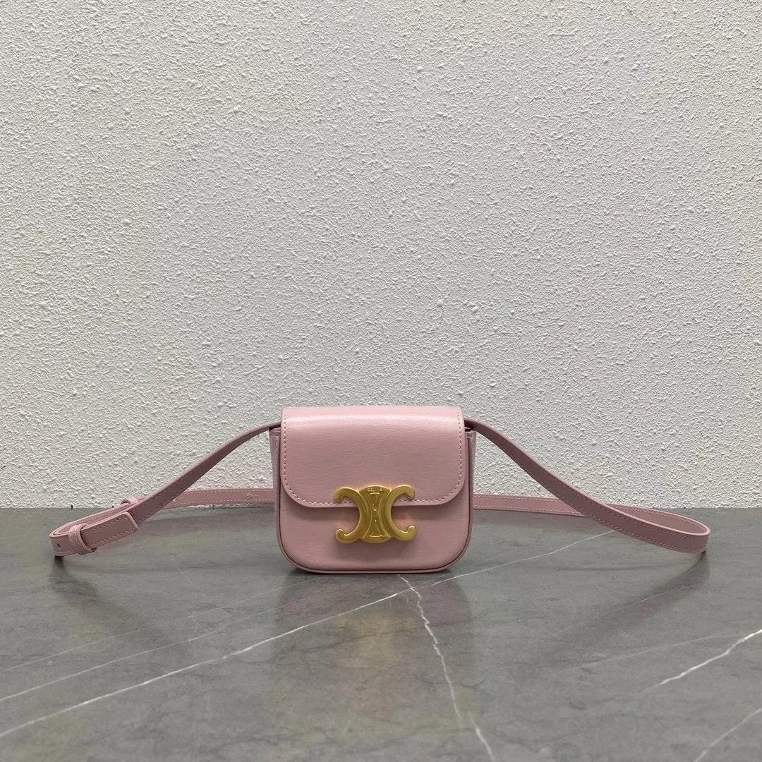 Celine women's bag Top version 【Kowloon Leather Original Leather】2022Spring New Super mini Triomphe Small Waste Bag11cmTriomphe Arc De Triomphe mini Earphone Bag Small Waste Bag2023New Color Cherry Blossom Pink New Women's Bag Shoulder Bag Messenger Bag S