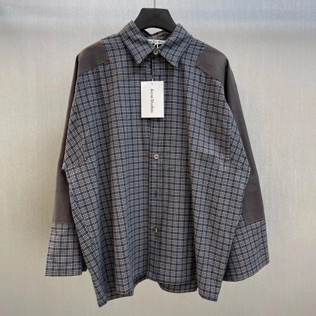Acne Studios Shirt Top Version Organic Cotton Plaid Contrast Color Patch Stitching Sleeves Casual Loose Flannel Long Sleeve Shirt