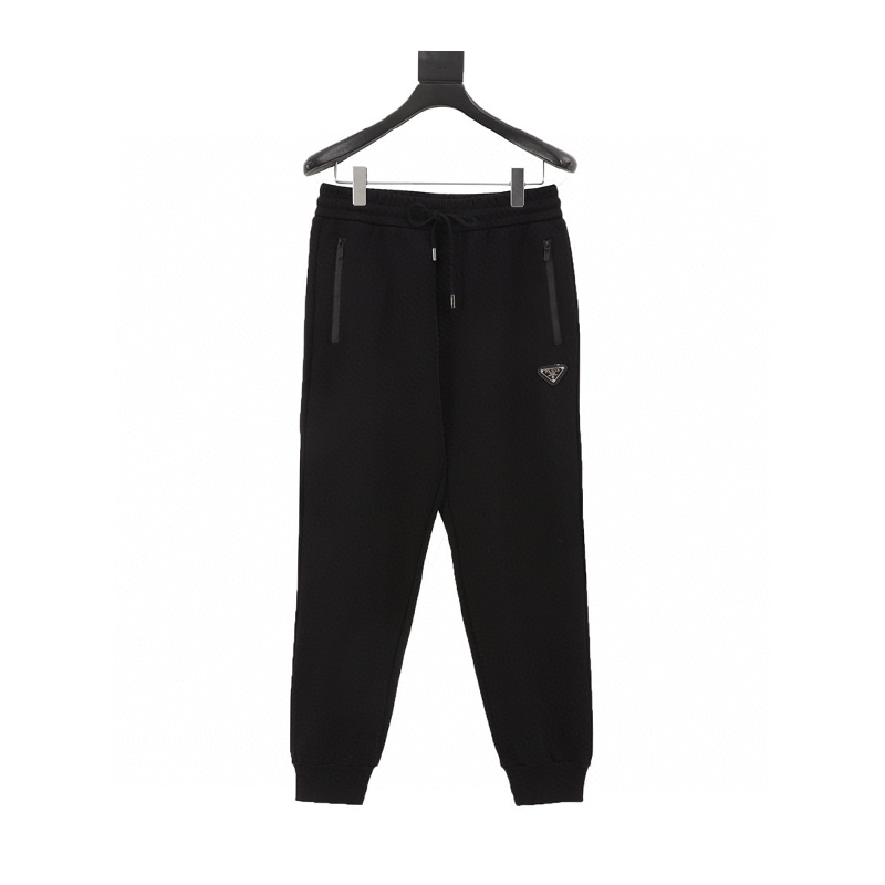 PRADA Sweatpants 24Fw Triangle Mark Leather Strap Zipper Pocket and logo Embroidered Trousers for Men and Women