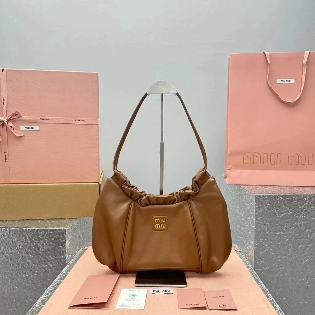 Miu Miu Bag Top version 【Super Original Leather High Version】24Autumn and Winter New Limited Cloud Bag Underarm Bag hobo Bag Backpack Pocket Pleated Calfskin Handbag No. Women's Bag:5614