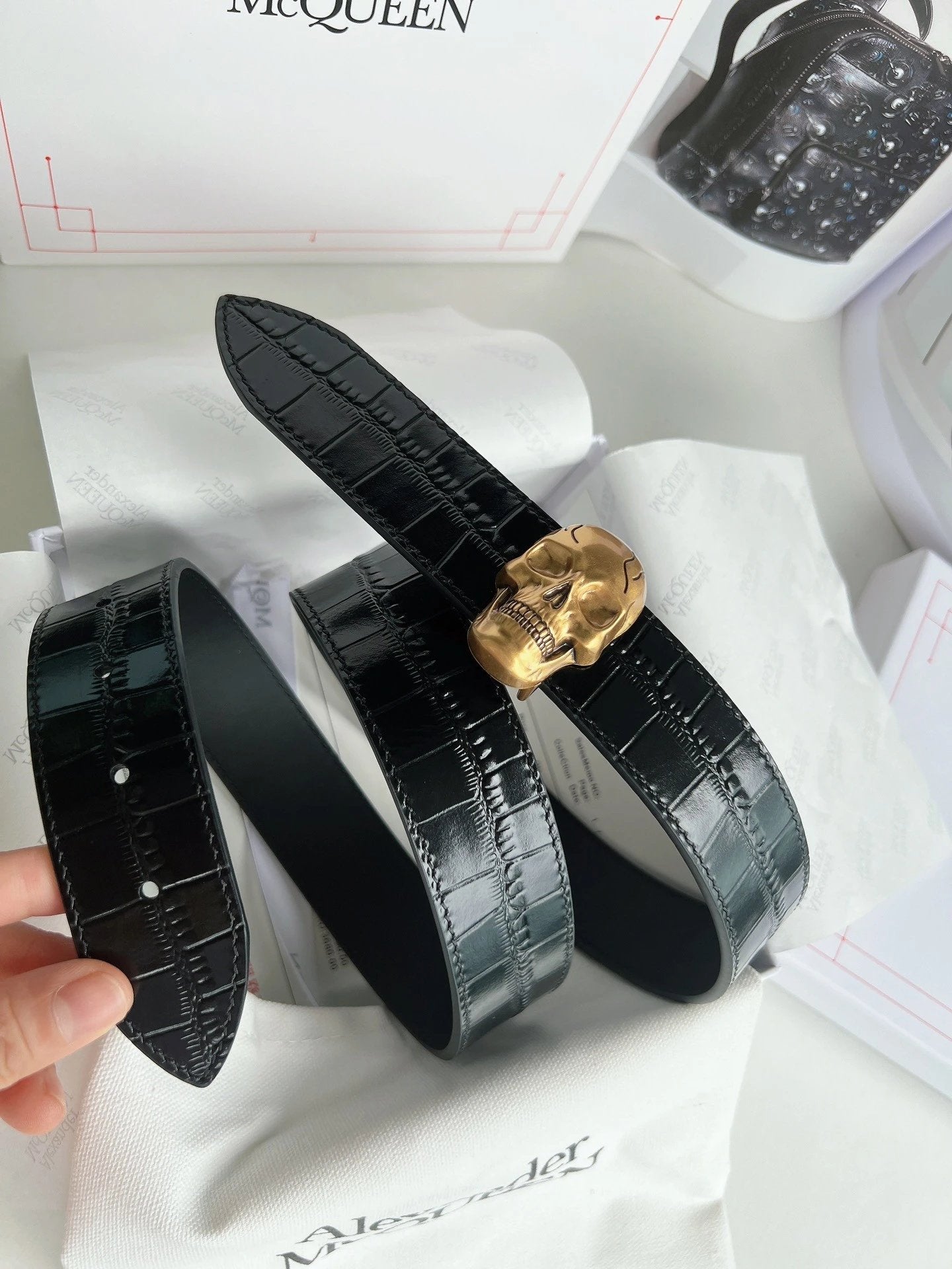 McQueen Belt Top version Original Order Surrogate Shopping Grade Men's Leather Belt Skull Belt Italy Imported First Layer Calfskin with Frosted Bottom,with Vacuum Electroplating Antique Copper Pin Buckle,Official Website New3.5