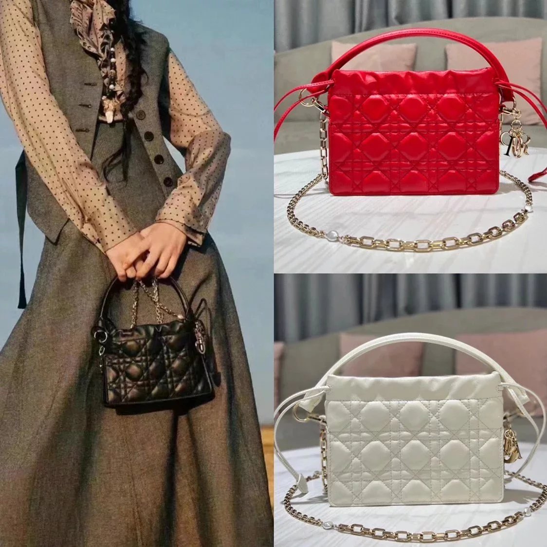 Dior Women's Bag Top version LADY Mini Handbag Women's Bag「Black」Elegant Retro Mini Handbags Are New This Season with Top Handle and Drawstring Bag Design,with Detachable Leather Handle,Removable Chain Embellished with Beading,Hand Or Crossbody.