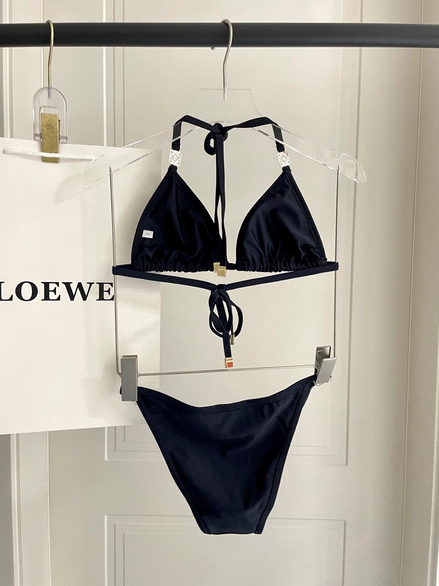 LOEWE Swimsuit Brand Logo Bikini Two-Piece Swimsuit Sexy Small Chest Gathered Beach Pool Backless White Women's Swimwear Vacation Hot Spring