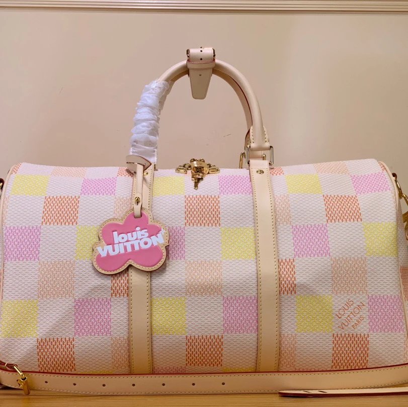 Louis Vuitton LV Travel Bag Top version 【Version】24Spring and Summer New Tyler Joint Name N40667Green Keepall45Bandoulière Travel Bag N40713Pink35cm50cm45cm Checkerboard Travel Bag Luggage Bag Men's Bag Handbag Women's Bag