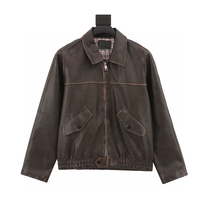 PRADA Jackets Back Triangle Mark Distressed Leather Coat Same Style for Men and Women