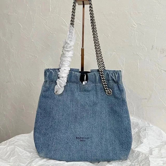 Balenciaga Bag Top version 【Overseas Surrogate Shopping】2024New Denim Blue Crush Garbage Bag Chain Bag Small Size Large Size Shoulder Messenger Bag Double Chain Underarm Bag Portable Women's Bag