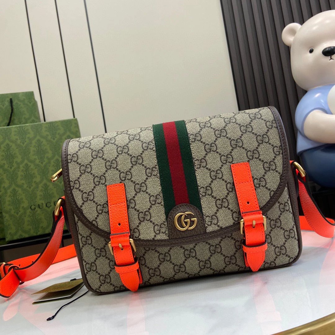 Gucci Men's Bag Top version 【24s New Product**Version】Ophidia Series Interlocking Double G Messenger Bag Shoulder Bag Fluorescent Orange New Messenger Bag Men's and Women's Bags27.5cm Model:792376