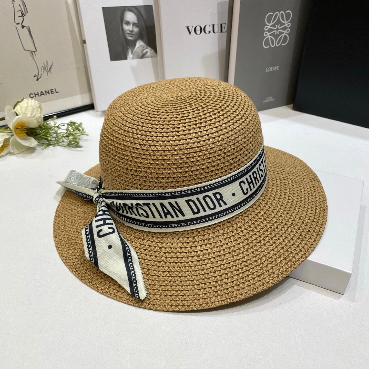 Dior Hat Bow logo Fisherman Hat Straw Hat Casual Sun Protection Plain Face Covering Sunshade Outdoor UV Protection Versatile Flat Top Bucket Hat