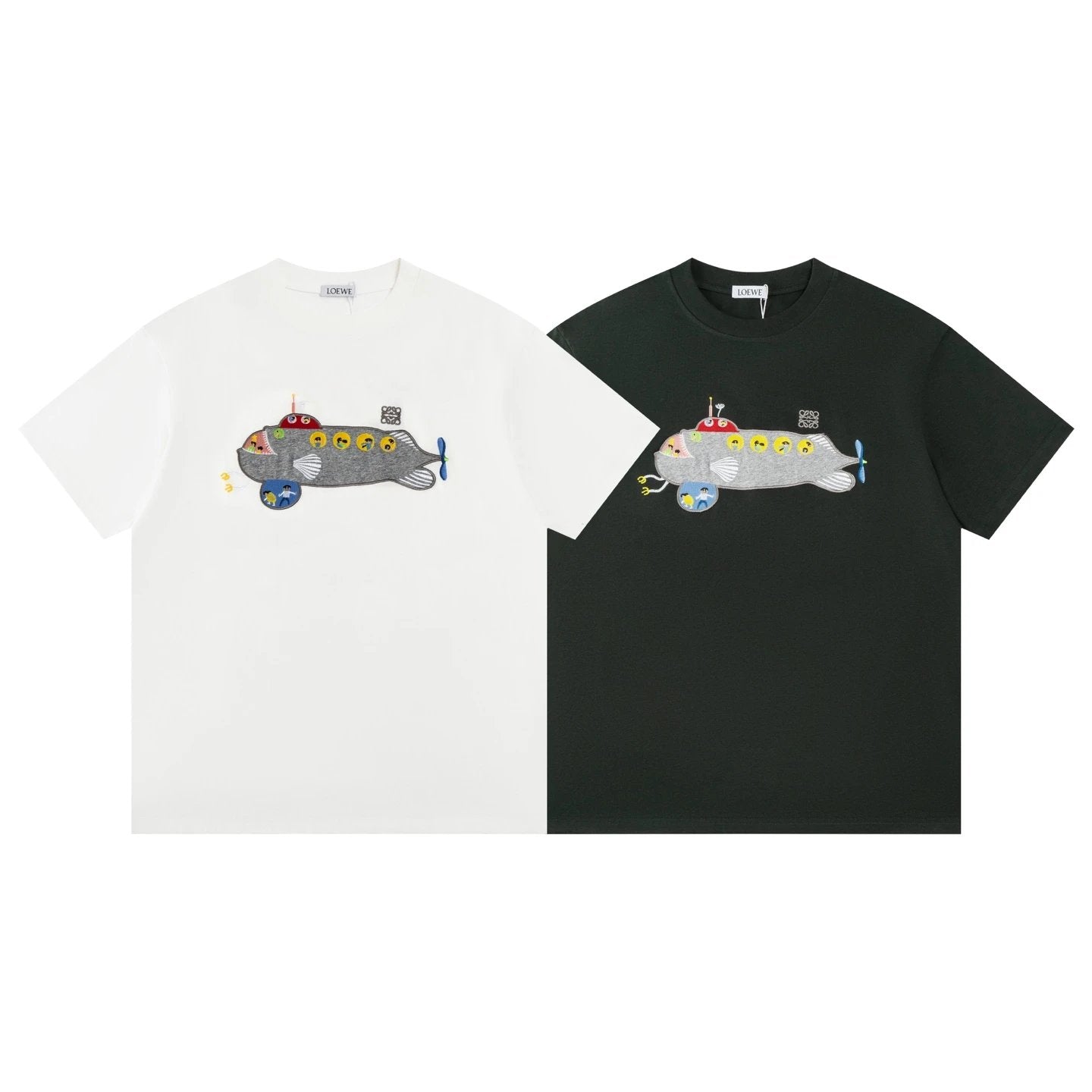 LOEWE T-shirt Whale Submarine Embroidery on the Chest logo round Neck Short Sleeve25ss New Pure Cotton Unisex Style T T-shirt OS Loose Fit Base Shirt Half Sleeve T-Shirt Top Half Sleeve
