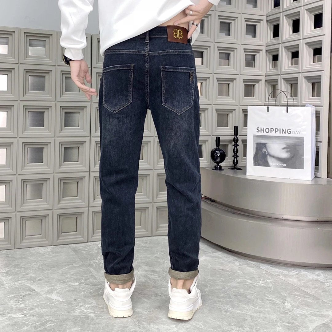 Balenciaga Jeans Golden Double B Back Waist Leather Tag logo Straight Washed Blue Jeans Autumn Winter New Unisex Loose Casual Wide Leg High Waist Pants