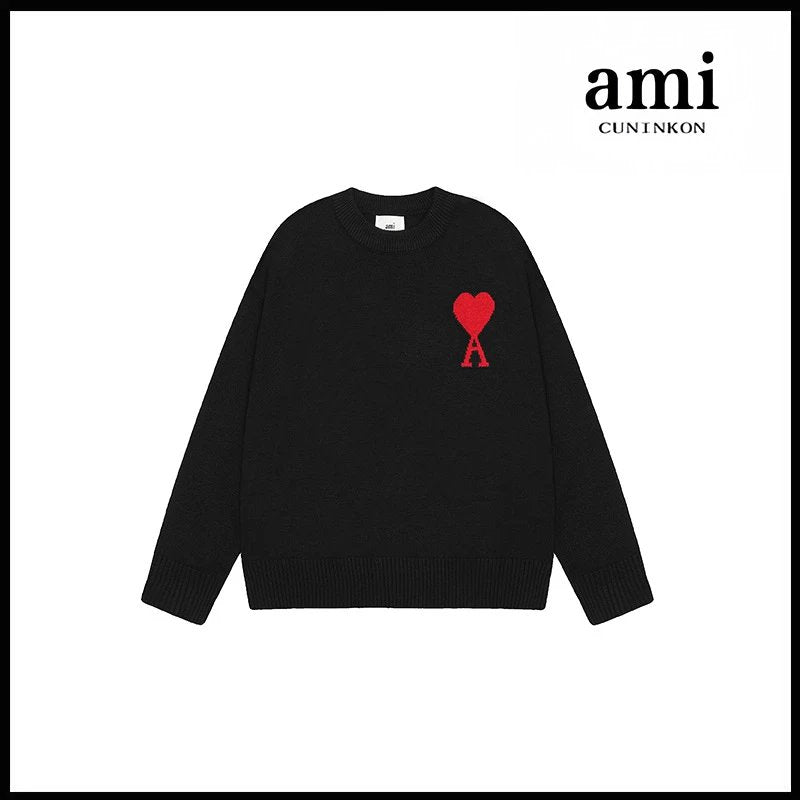 Ami Sweater Knitwear Classic round Neck Big Heart Jacquard Pullover Sweater Loose and Idle Sense Casual Couple Outfit-CY
