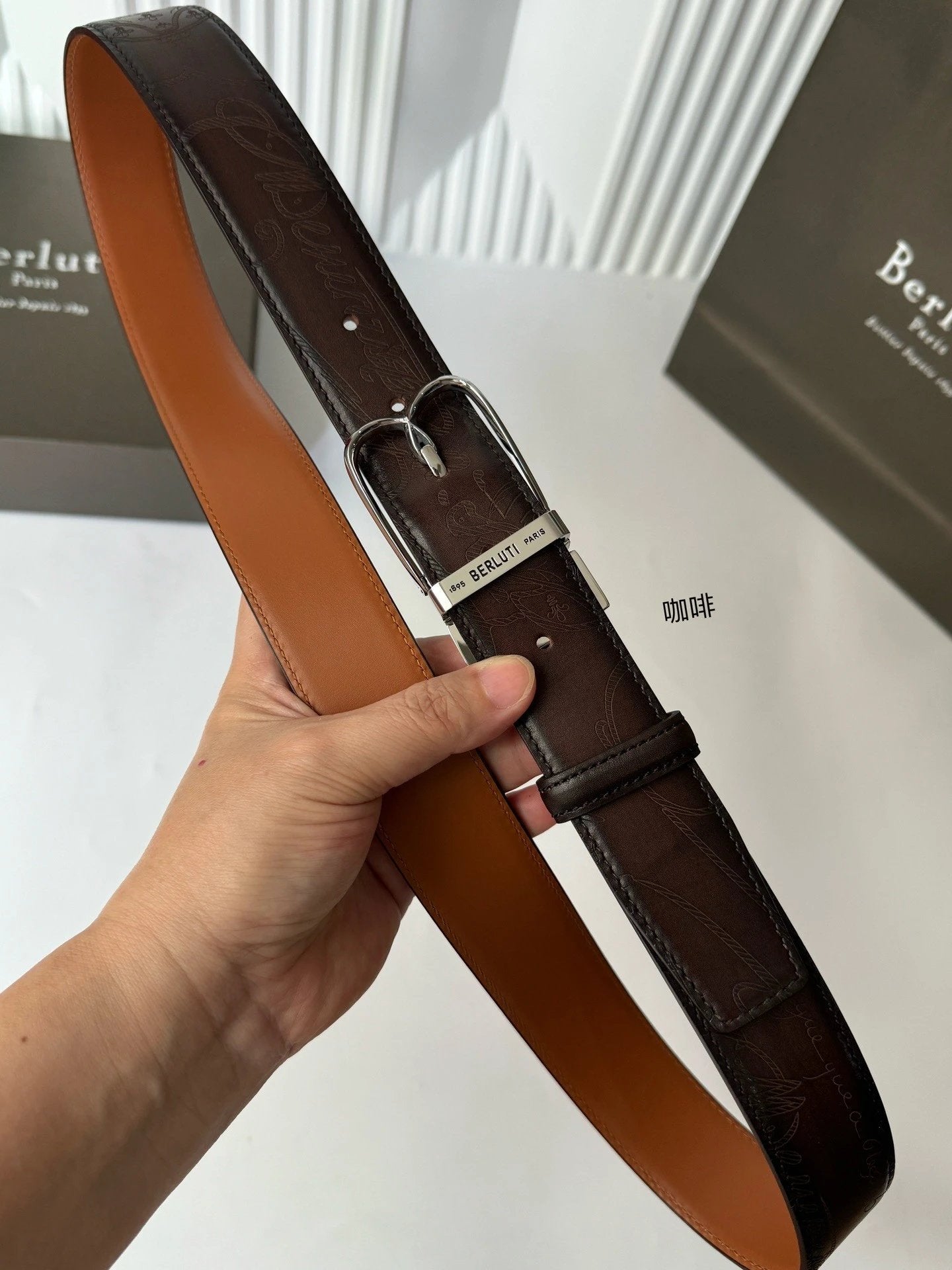 Berluti Belt Top version Original Single Men's New High-End Double-Sided Belt Waist Belt Pure Steel Rotating Pin Buckle Buckle Double-Sided Two-Color Totem Carving Carved Genuine Leather35mm Full Package Belt Men