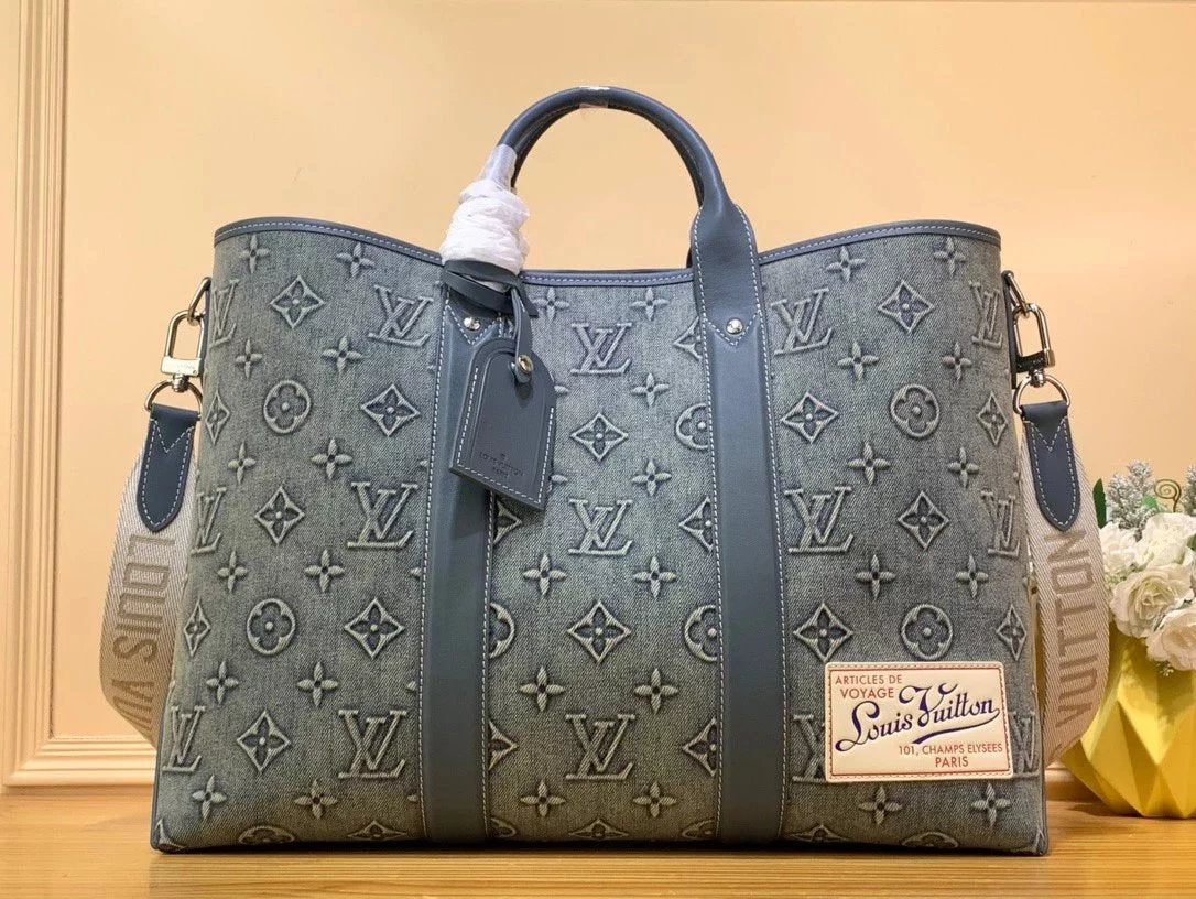 Louis Vuitton LV briefcase Top version 23New Presbyopic Denim Denim Canvas Handbag Tote Bag Shoulder Bag Messenger Bag Men's Large Briefcase Denim Tote Bag