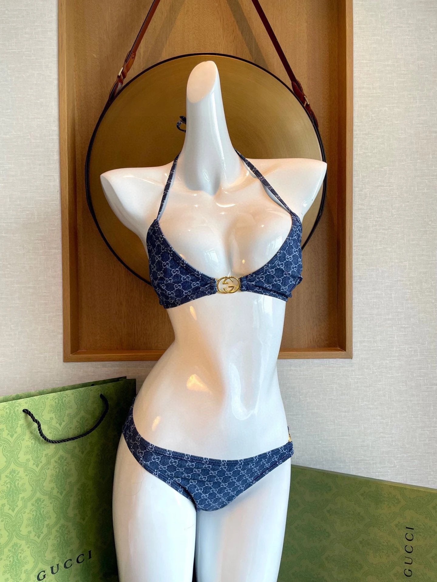 Gucci Swimsuit Full Print Jacquard Bikini Two-Piece Swimsuit Sexy Small Chest Gathered Beach Pool Backless White Women's Swimwear Vacation Hot Spring