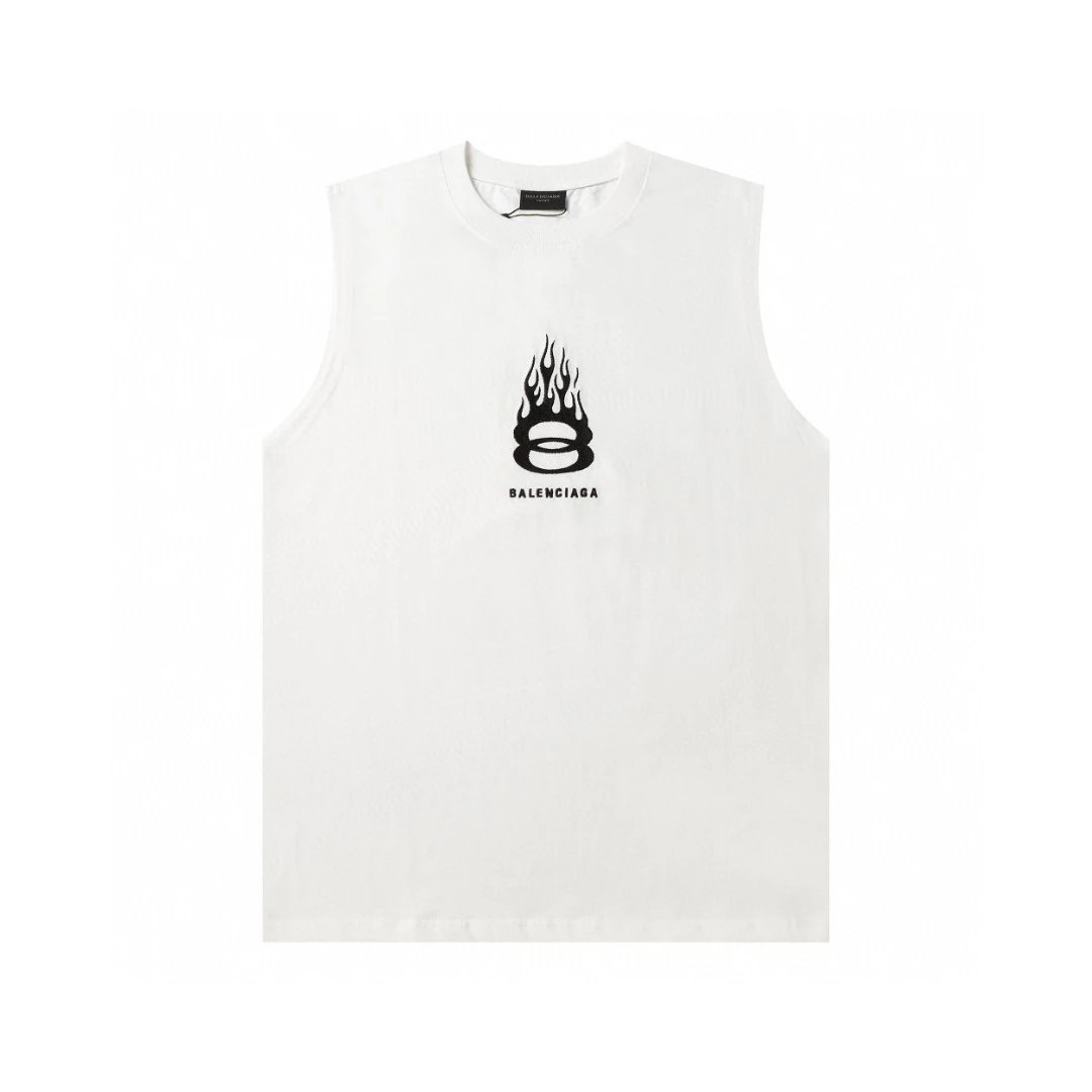 Balenciaga T-shirt Flame Embroidery on the Chest logo Sleeveless Short Sleeve Sleeveless Vest25ss New Pure Cotton Unisex Style T T-shirt OS Loose Fit Base Shirt Top Half Sleeve T-Shirt