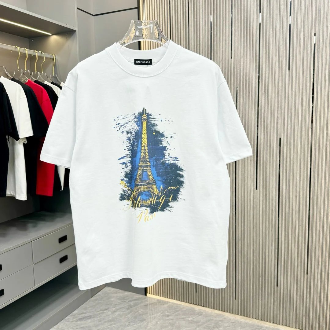 Balenciaga T-shirt Eiffel Tower Print on the Chest logo round Neck Short Sleeve25ss New Pure Cotton Unisex Style T T-shirt OS Loose Fit Base Shirt Half Sleeve T-Shirt Top Half Sleeve