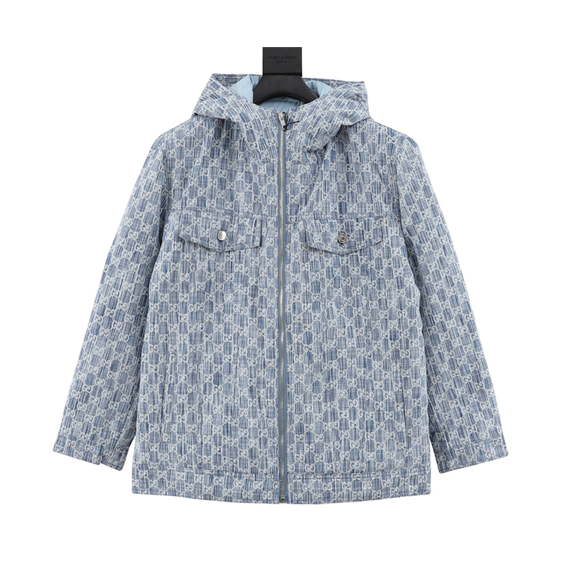 Gucci Down Jacket Full Printed Washed Old Jacquard LOGO Hooded down Jacket Same Style for Men and Women