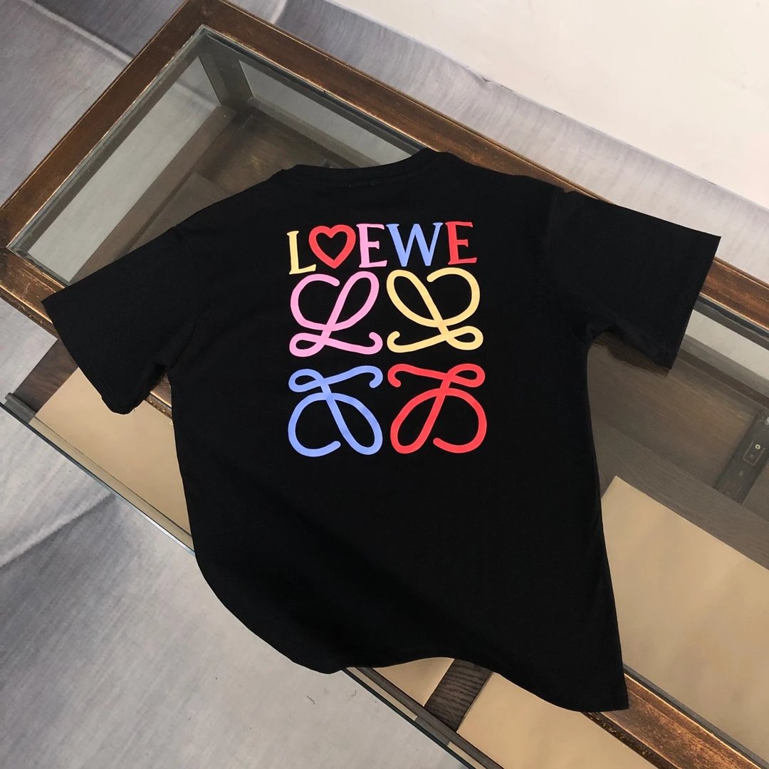 LOEWE T-shirt Back Colorful Letter Pattern Print logo round Neck Short Sleeve25ss New Pure Cotton Unisex Style T Casual T-Shirt Base Layer Shirt OS Loose Fit Half Sleeve Top Plus Size