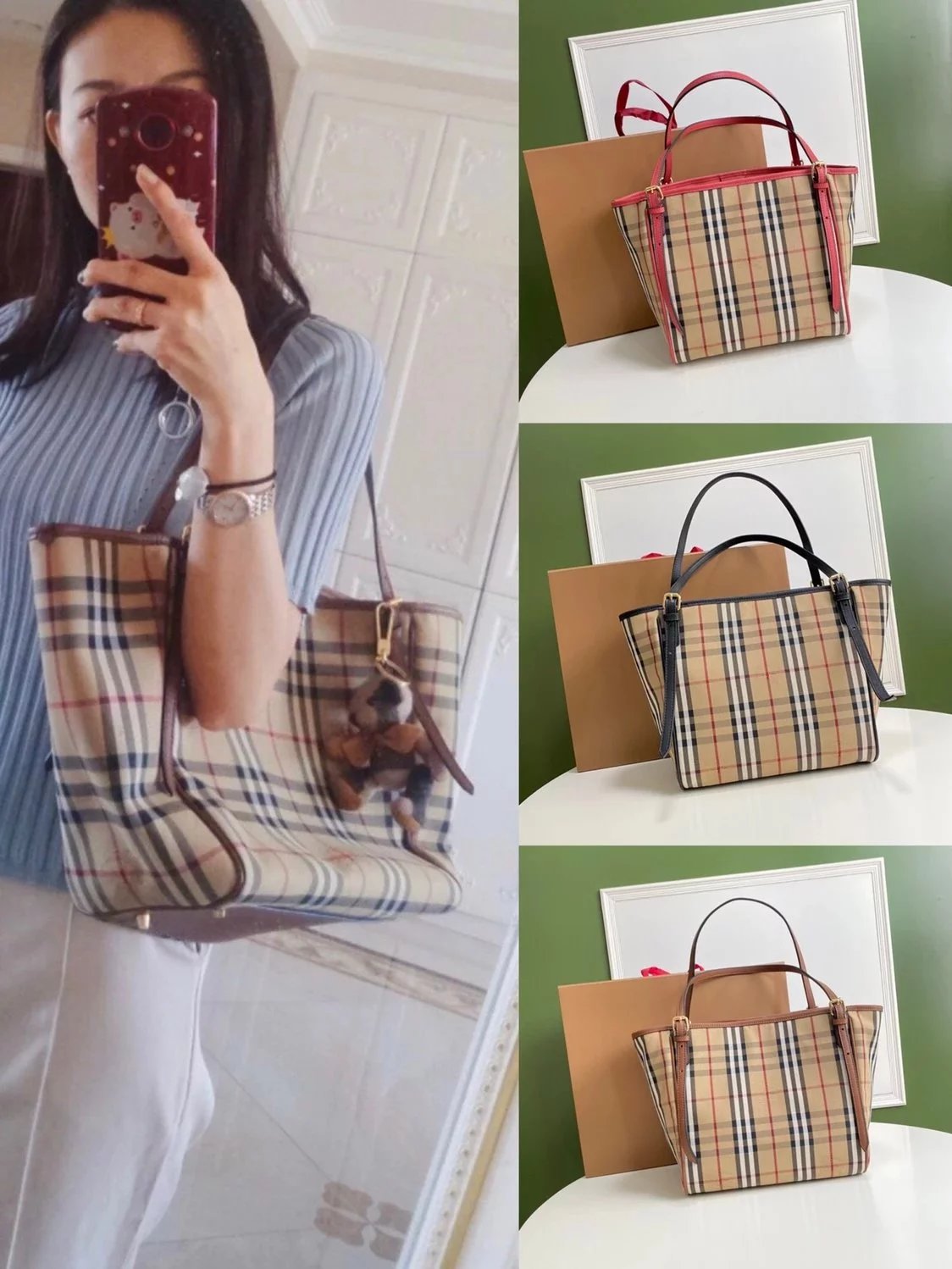 Burberry Women's Bag Top version horseferry Women's Bag Plaid Canvas Tote Shoulder Bag Handbag Shopping Bag Original Single Invisible Horse Shopping Bag Hatchet Man Shopping Bag