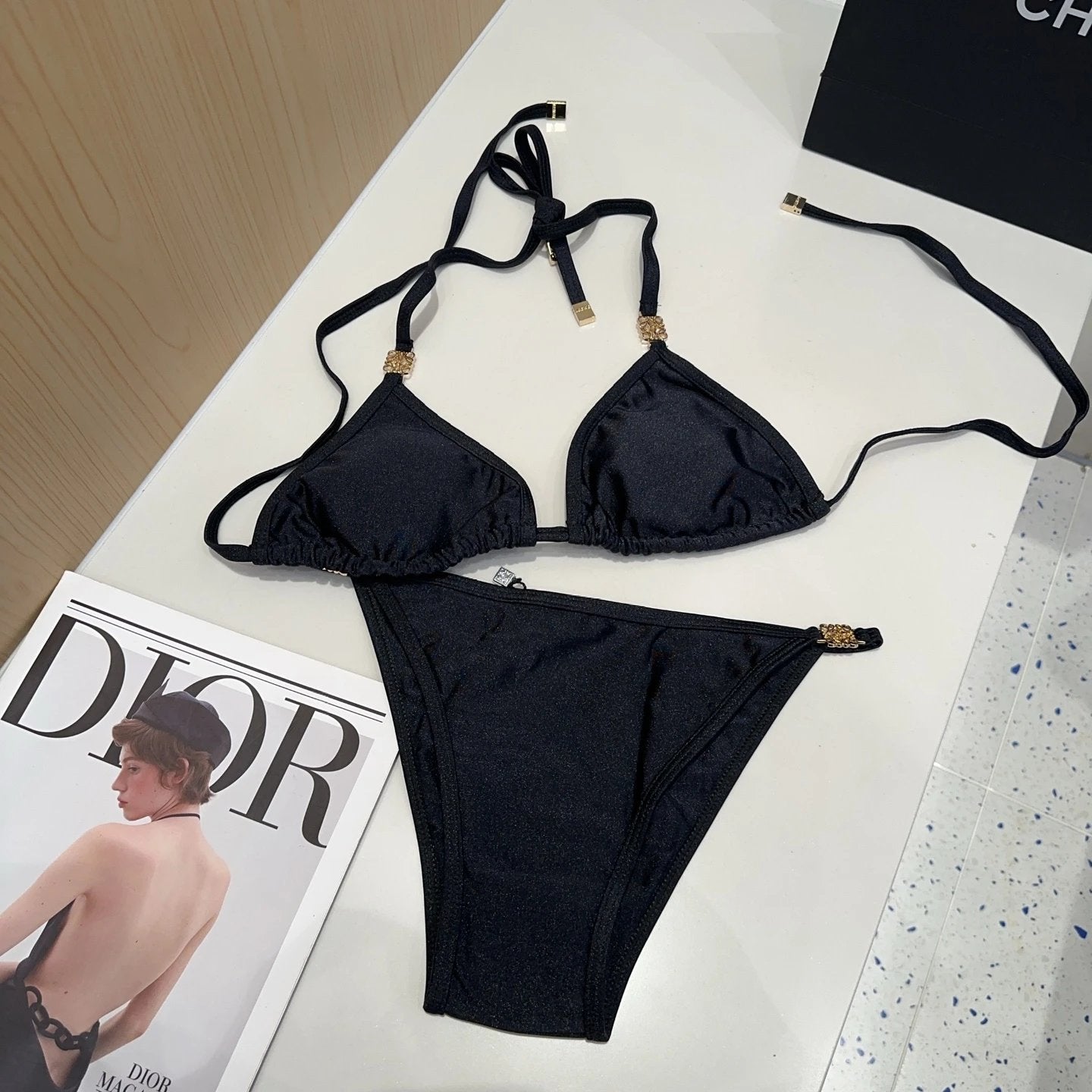 LOEWE Swimsuit Brand Logo Bikini Two-Piece Swimsuit Sexy Small Chest Gathered Beach Pool Vacation Hot Spring Backless White Women's Swimwear