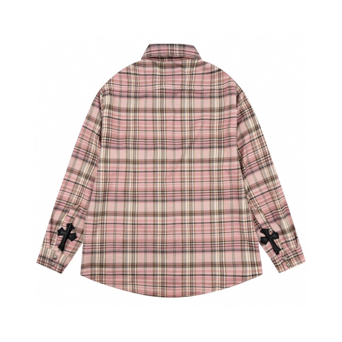 Chrome Hearts Shirt Pink Plaid Leather Patch Long Sleeve Shirt Unisex Jacket