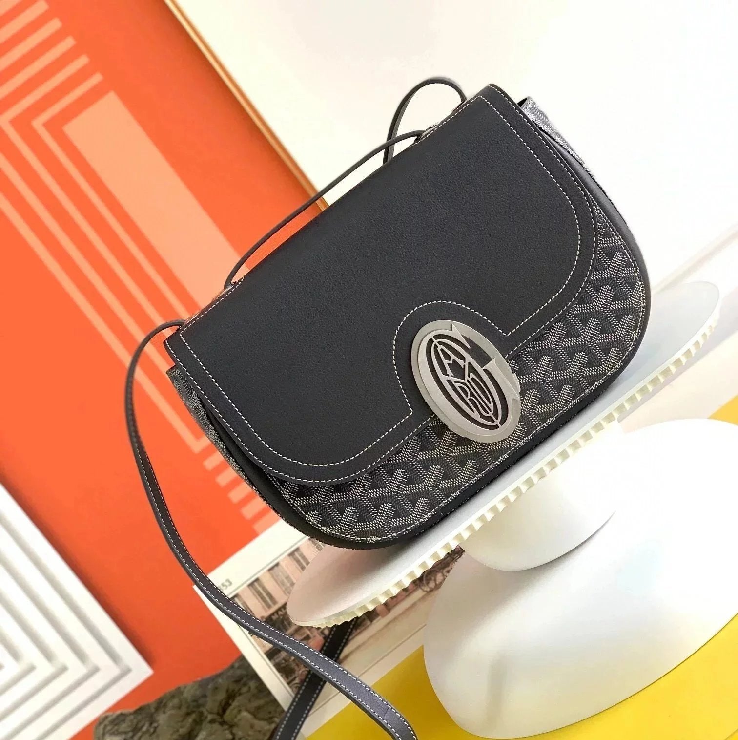 Goyard Bag Top version 2022Latest Limited Edition Commemorative Ladies233Canvas and Cowhide Stitching Women's Bag Metal Buckle Bag Shoulder Crossbody Shoulder Tote Dark Blue25cm