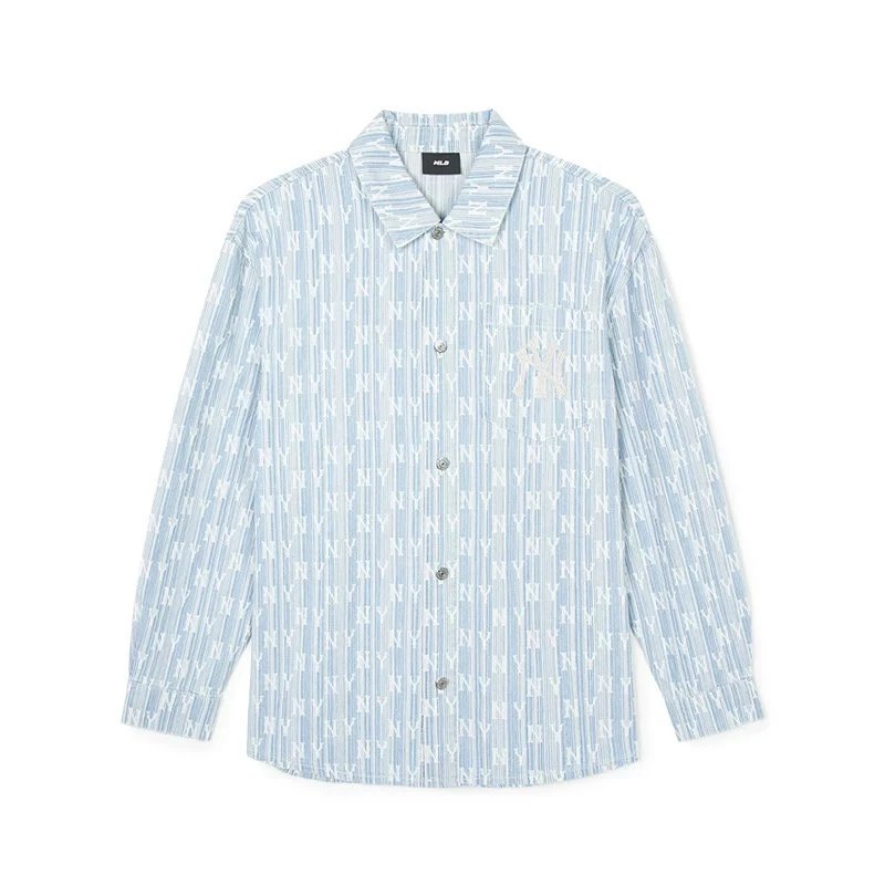 MLB Shirt Top Version Denim Long-Sleeved Coat Men's Spring and Autumn Presbyopic Full Printed Embroidered Shirt Youth Korean Style Loose Top