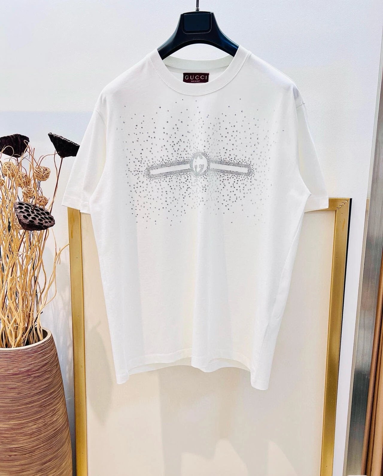 Gucci T-shirt Front Rhinestone Embellishment logo round Neck Short Sleeve25ss New Pure Cotton Unisex Style T Casual T-Shirt Base Layer Shirt OS Loose Fit Half Sleeve Top Plus Size