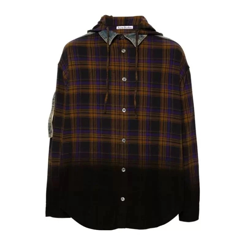 Acne Studios Shirt Top Version Denim Stitching Gradient Plaid Men's and Women's Same Large Profile Hooded Shirt
