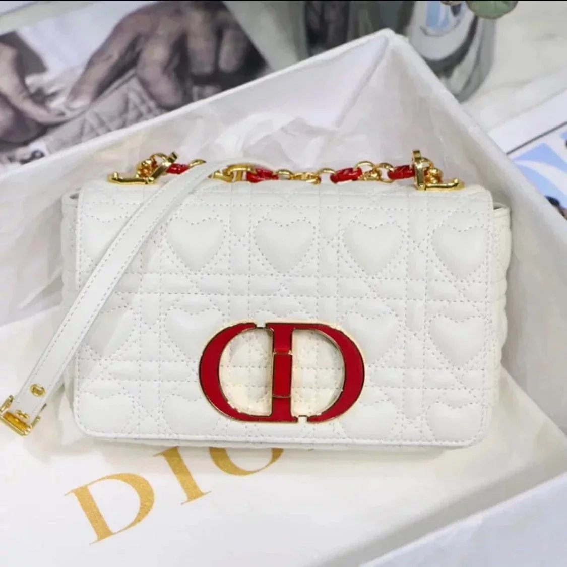 Dior Women's Bag Top version Caro2023Spring New,Cowhide with Classic Rhombus Women's Bag Chain Bag Shoulder Crossbody Handbag