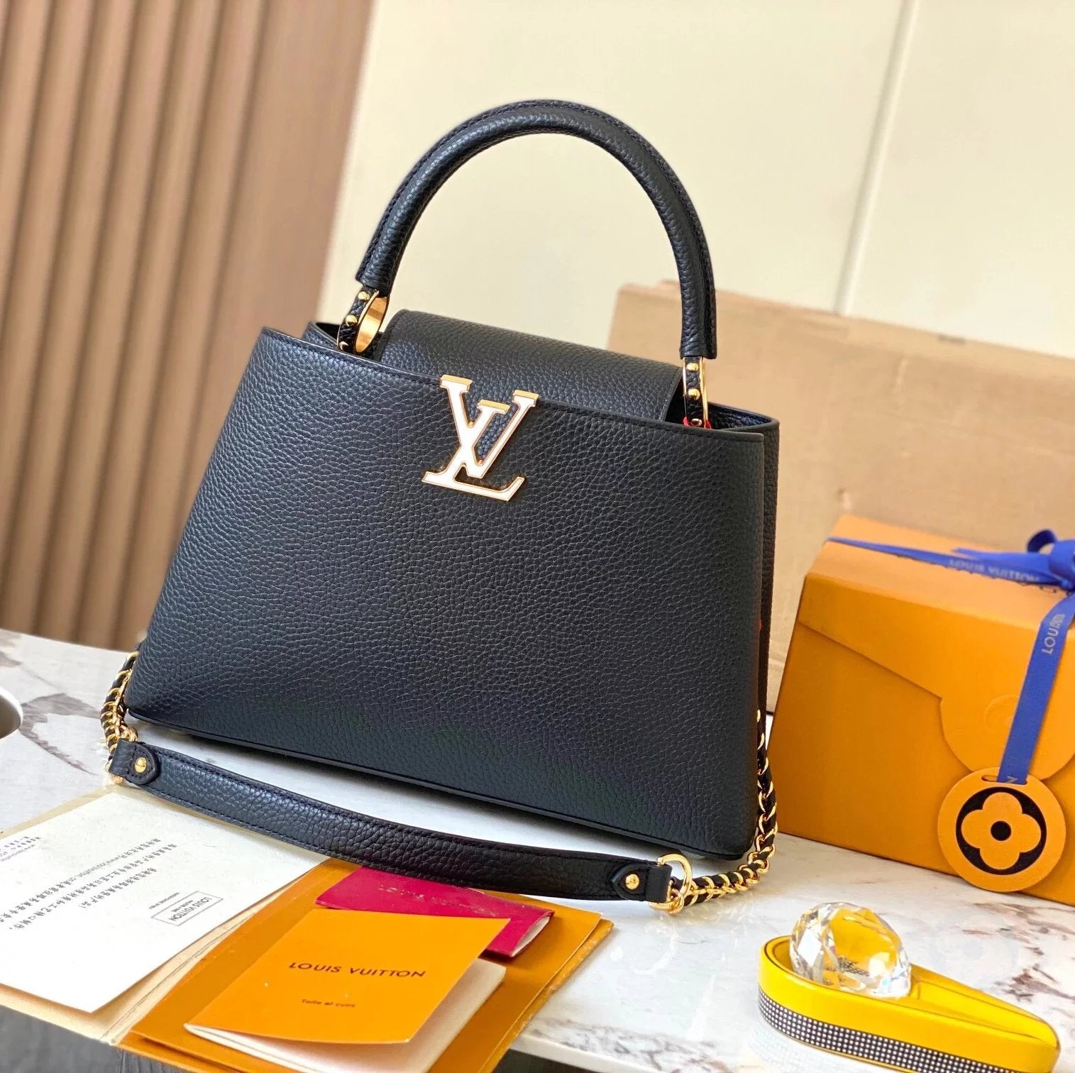 Louis Vuitton LV Women's Bag Top version 【Real Original Version Hardware】M23330M23331M23332Mini Black Corolla CapucinesFlowerCrown Handbag Is Full Grain Taurillon Leather Embellishment Monog Leather Bag mini Handbag