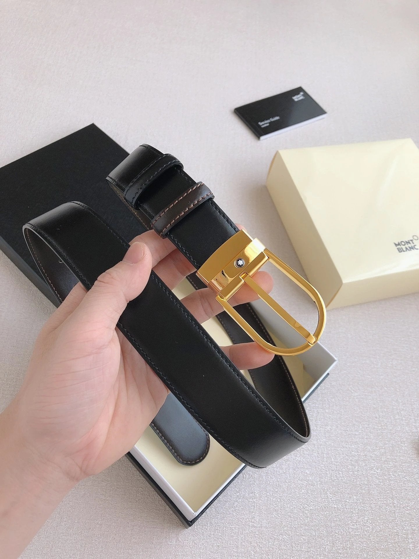 Montblanc Belt Top version 【Original Factory】Men's Leather Belt Width3.5cm Quality Full Set Packaging Original Imported Double-Sided Head Layer Cowhide 100% Original Pure Brass Buckle Dual-Use Fashion Elegant Boys Belt M Home New Custom Latest Hot