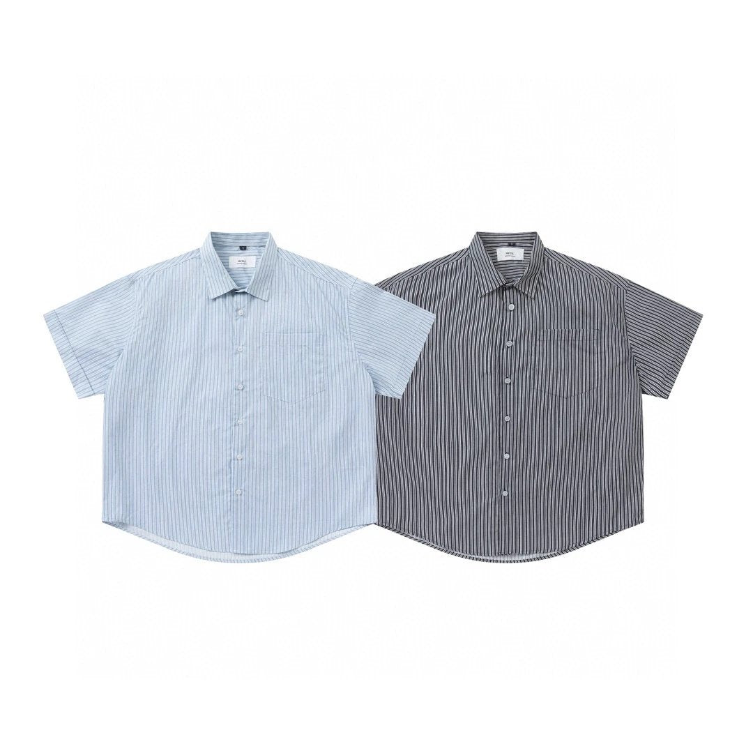 Ami T-shirt Top Version Short-Sleeved Shirt Love Spring Summer Commute Light Luxury Casual White Collar Striped Top Shirt Stand Collar