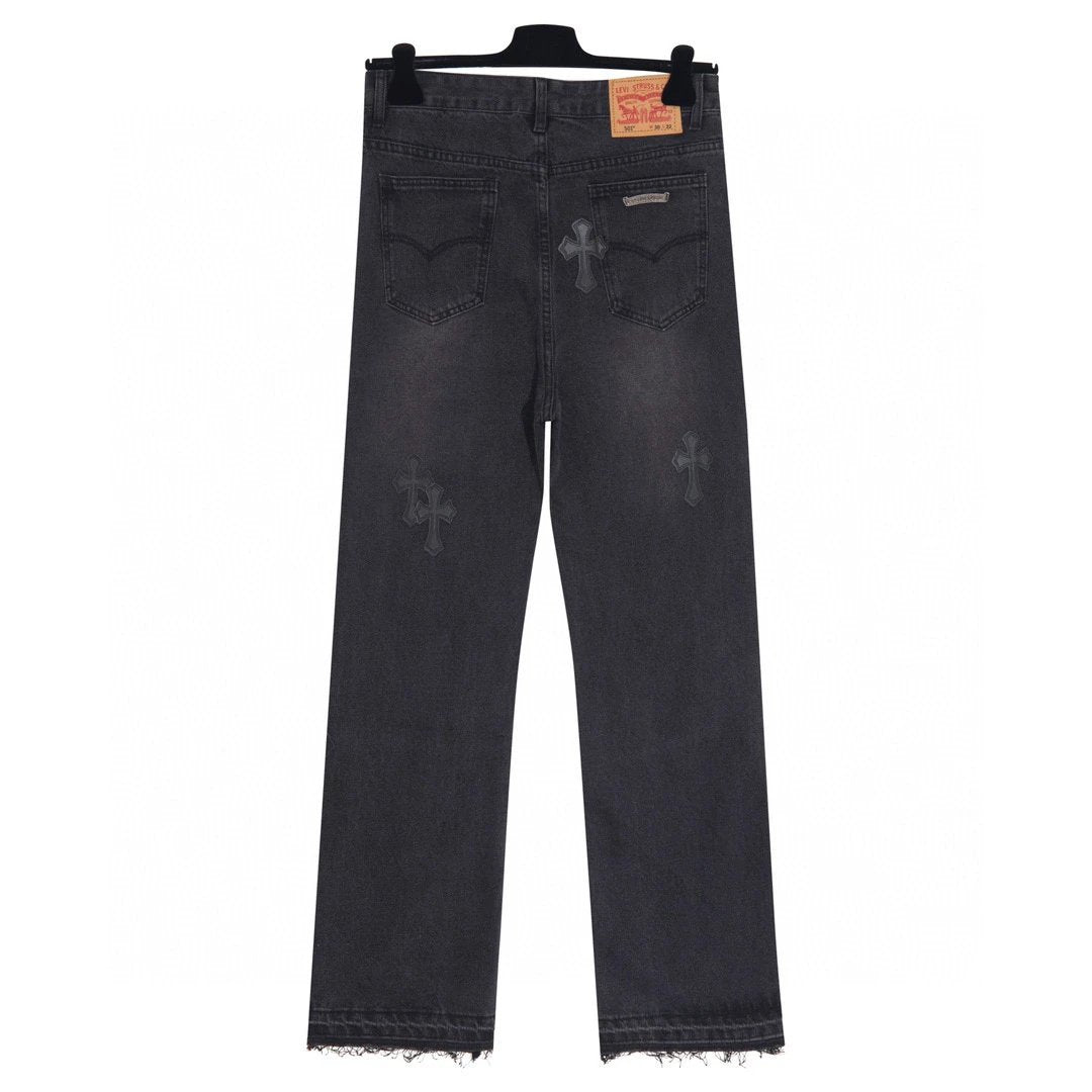 Chrome Hearts Jeans Splicing Leather logo25ss Spring Summer New Straight Loose Jeans Unisex Slim Fit Long Pants