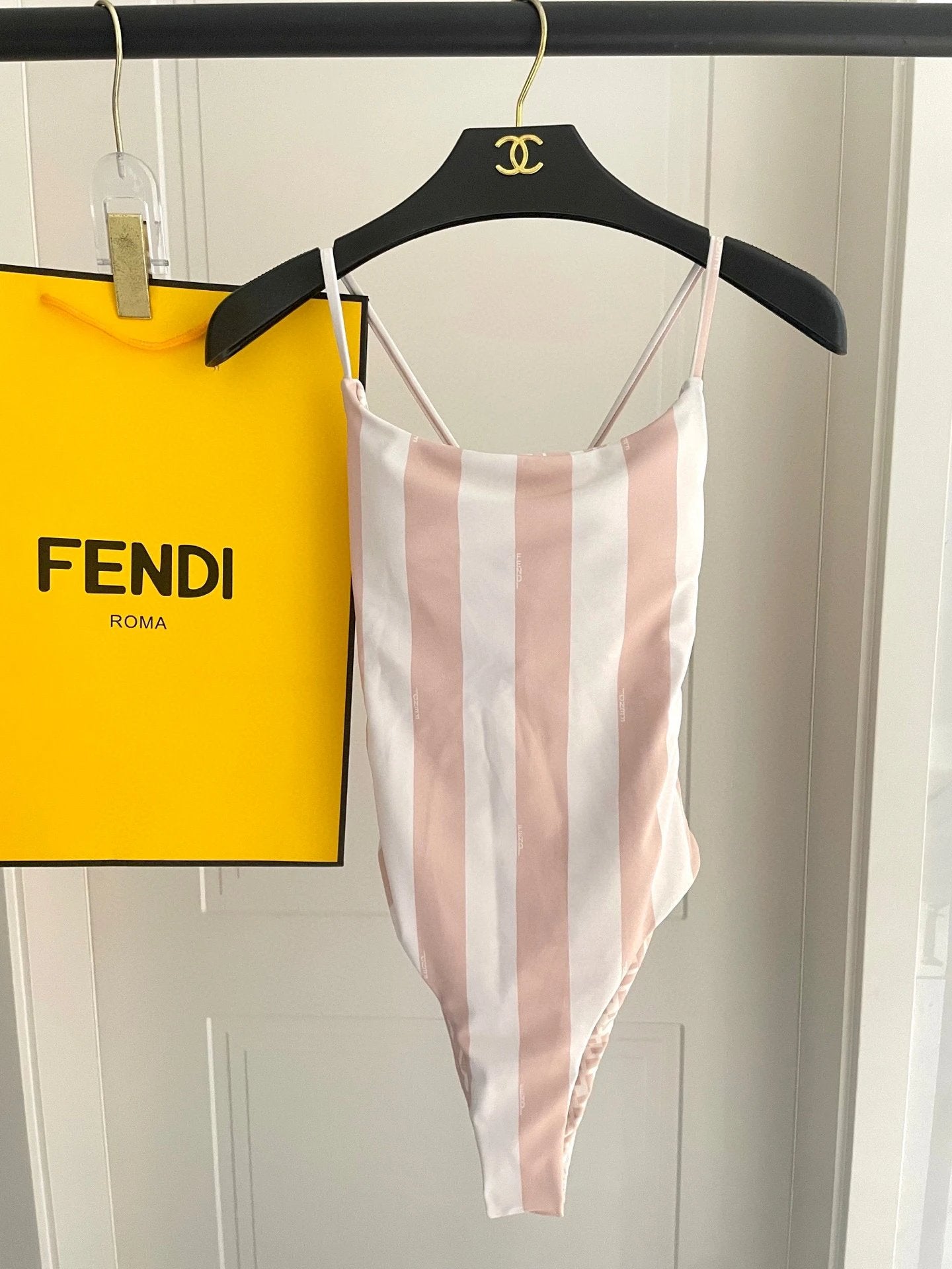 Fendi swimsuit Striped Patchwork Bikini One-Piece Swimsuit Sexy Small Chest Gathered Beach Pool Backless White Women's Swimwear Vacation Hot Spring