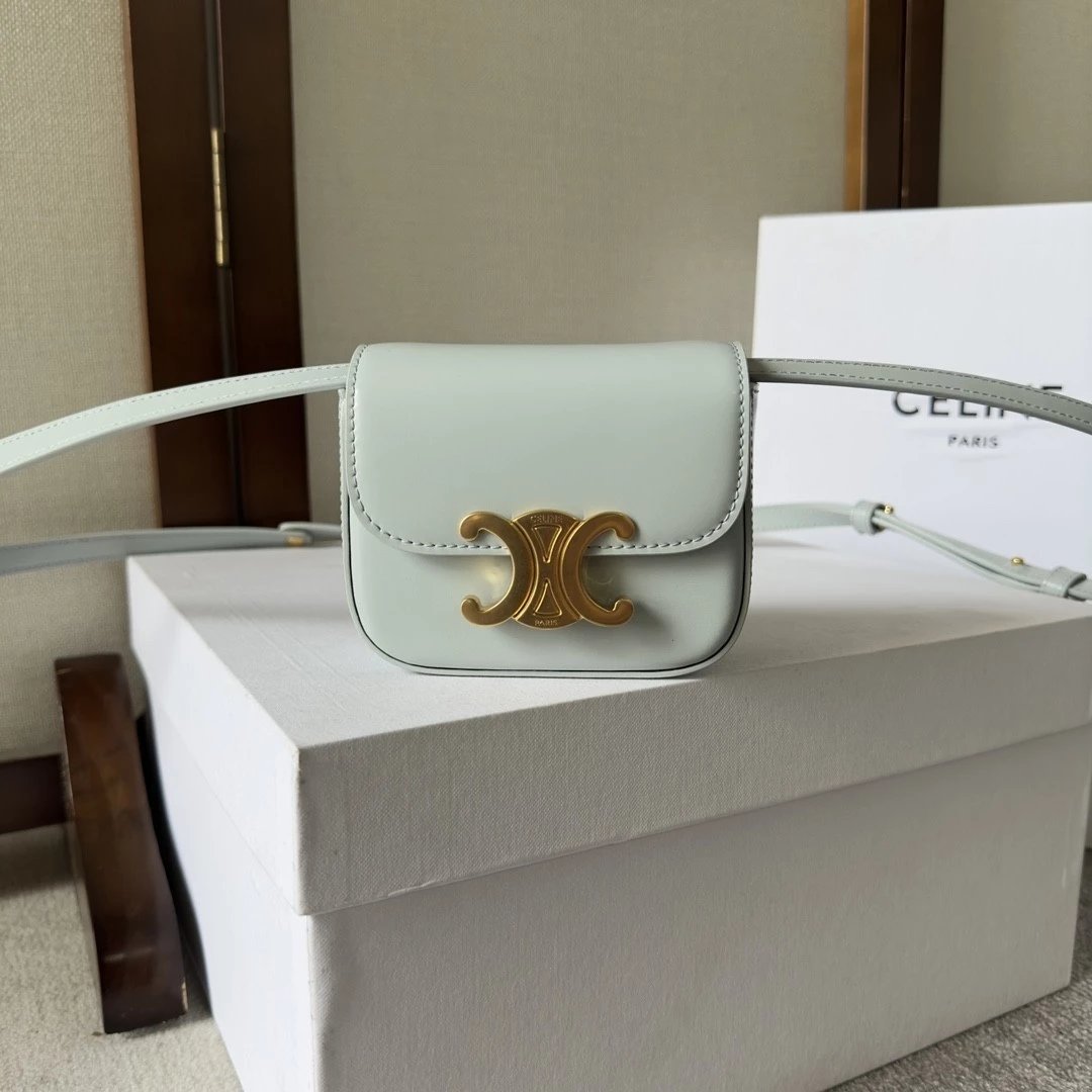 Celine women's bag Top version 【Kowloon Leather Original Leather】2022Spring New Super mini Triomphe Small Waste Bag11cmTriomphe Arc De Triomphe mini Earphone Bag Small Waste Bag2023New Color Cherry Blossom Pink New Women's Bag Shoulder Bag Messenger Bag S