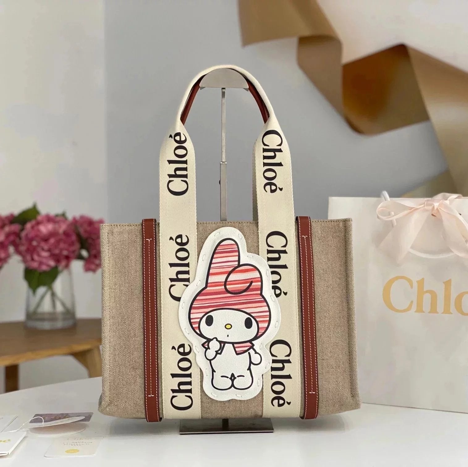 Chloe Bag Top version 【Super Original Version】23The New Melody Is on the Market!xMyMelody Co-Branded Series Woody Tote Bag Shopping Bag Vegetable Basket Bag New Bucket Bag Handbag Messenger Bag