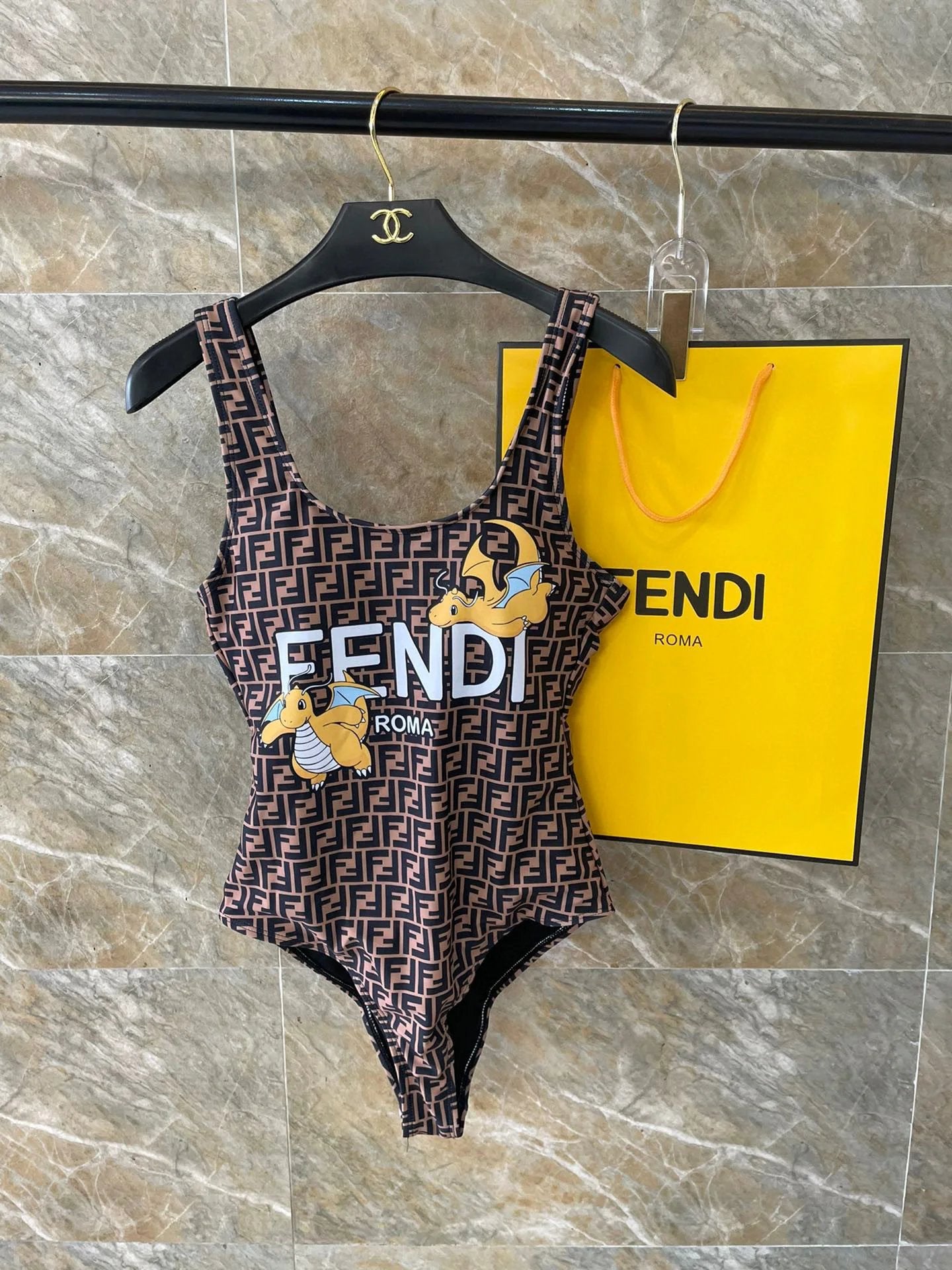 Fendi swimsuit Full Letter Print Jacquard Bikini One-Piece Swimsuit Sexy Small Chest Gathered Beach Pool Vacation Hot Spring Backless White Women's Swimwear