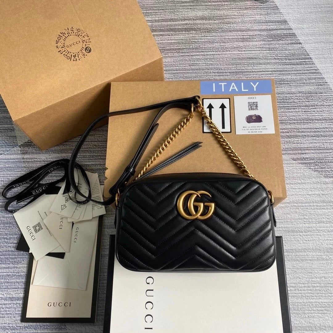 Gucci Women's Bag Top version 【 **Original Leather】Classic Ma Meng Camera Bag Marmont Series Camera Bag Crossbody Bag Large Small Size Size2023New Color Black Hardware Chain Shoulder Bag Large24cm Small Size18cm44763263493644806