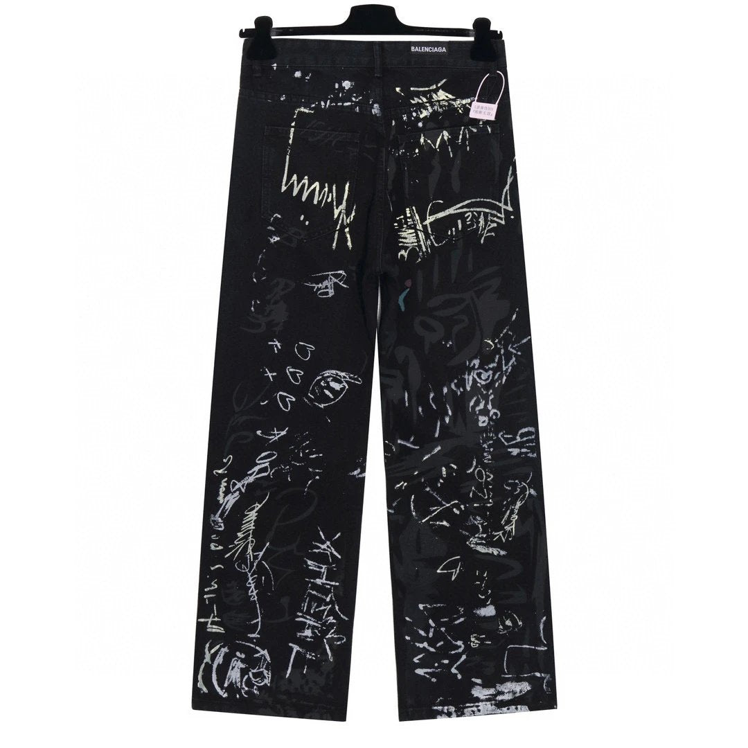 Balenciaga Jeans Hand-drawn Ink Splash Graffiti Print logo25ss Spring Summer New Straight Loose Jeans Unisex Slim Fit Long Pants