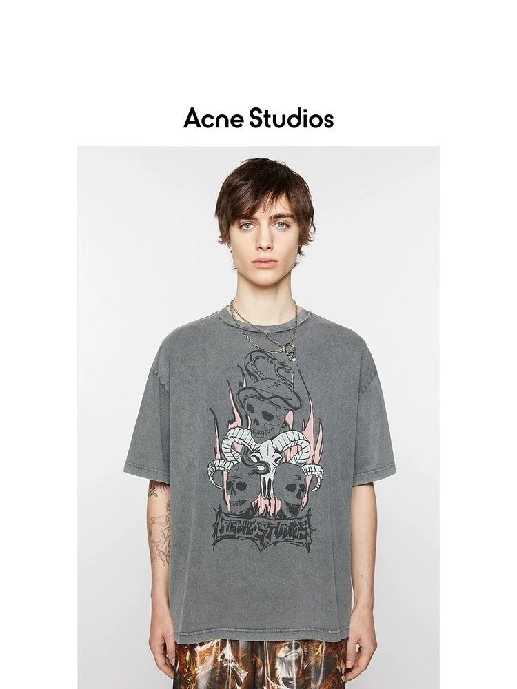 Acne Studios T-shirt Top Version【New Product】Men's and Women's Same Retro Distressed Faded Cotton round Neck T T-shirt Short Sleeve Top