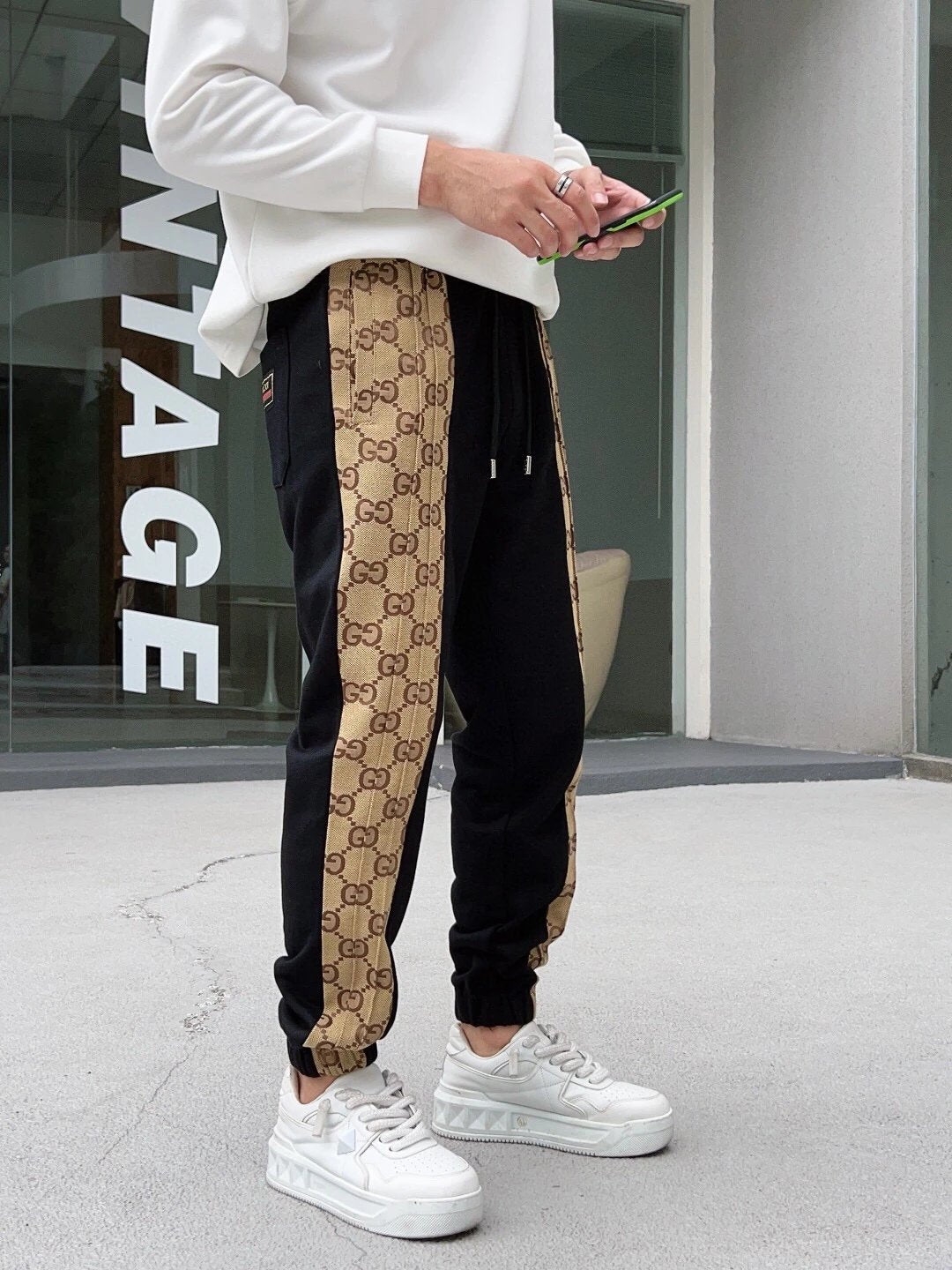 Gucci Sweatpants Full Print logo Embroidered Color Matching Ankle-Tied Sweatpants Sports Pants Autumn Men's and Women's Same Long Pants Drawstring Winter Loose plus Size Casual Pants High Waist Contrast Color