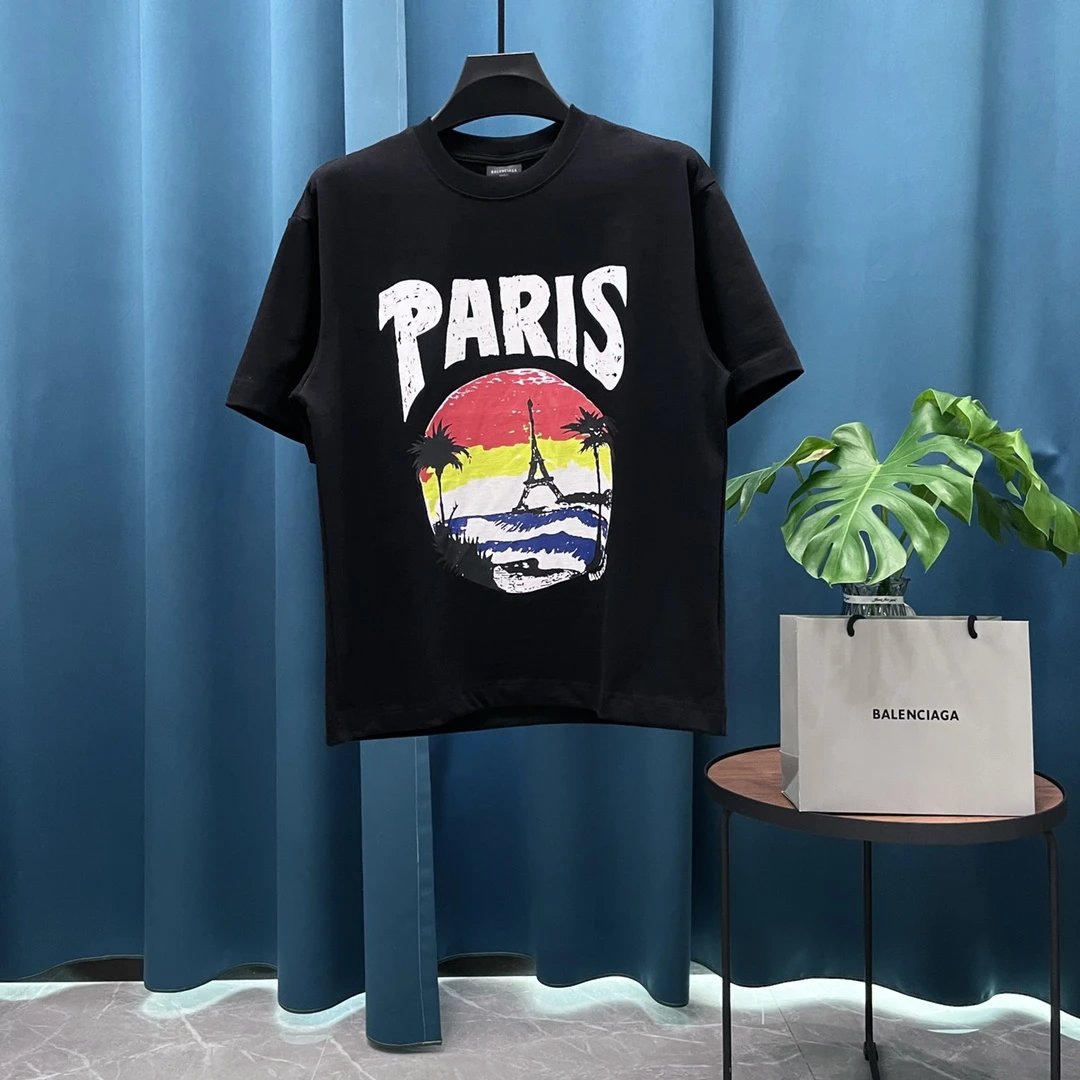 Balenciaga T-shirt Coconut Tree on Chest logo Printed Letter Embroidery Round Neck Short Sleeve25ss New Pure Cotton Unisex Style T T-shirt Base Shirt Tee Shirt OS Loose design