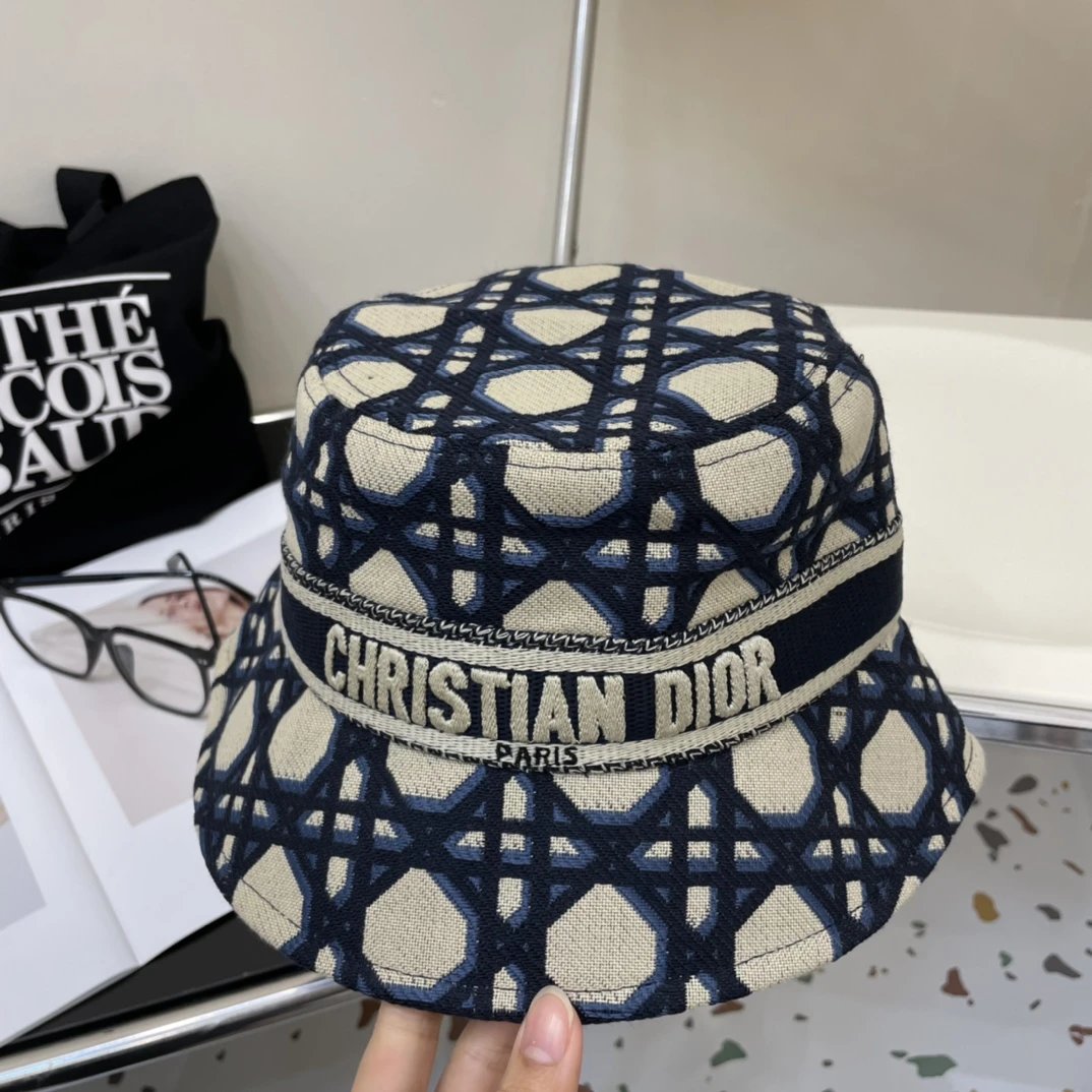 Dior Hat Full Jacquard Print logo Fisherman Hat Casual Sun Protection UV Protection Plain Face Covering Sun Hat Outdoor Versatile Flat Top Bucket Hat