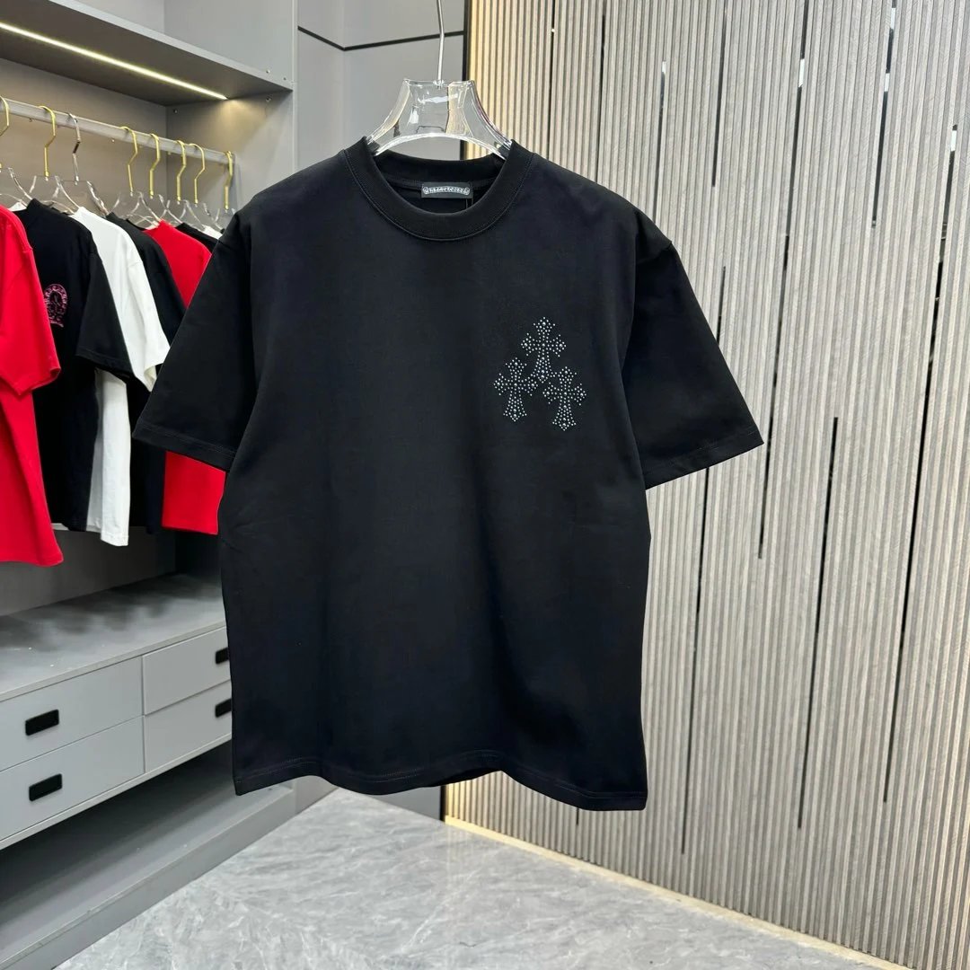 Chrome Hearts T-shirt A semicircular diamond and cut arrangement on the chest logo round Neck Short Sleeve25ss New pure cotton T Unisex T-Shirt OS Drop Shoulder Loose Fit Base Shirt Top T-Shirt Short Sleeve