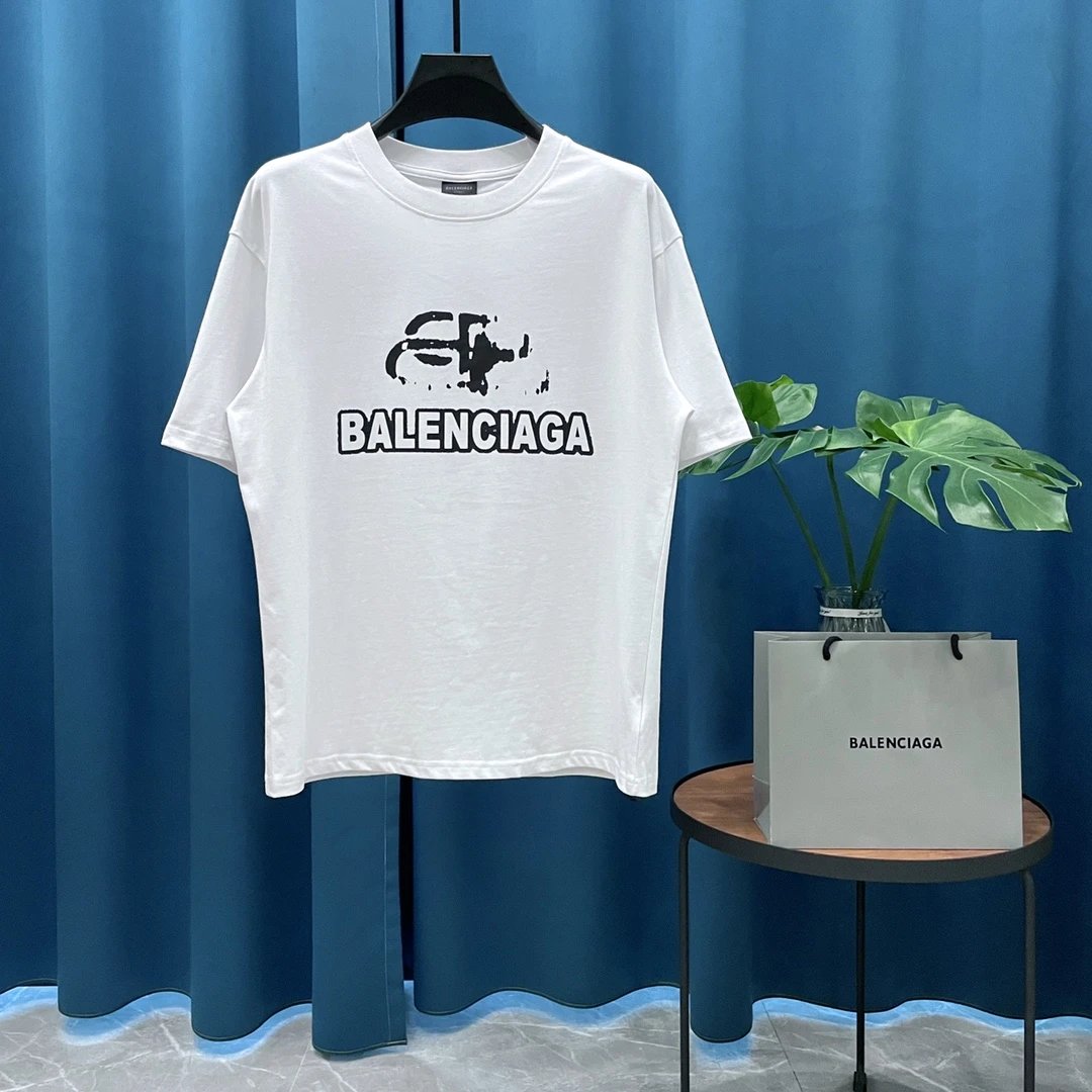 Balenciaga T-shirt Double-breasted B Printing logo round Neck Short Sleeve25ss New Pure Cotton Unisex Style T T-shirt OS Loose Fit Base Shirt Casual Top Short Sleeve T-Shirt