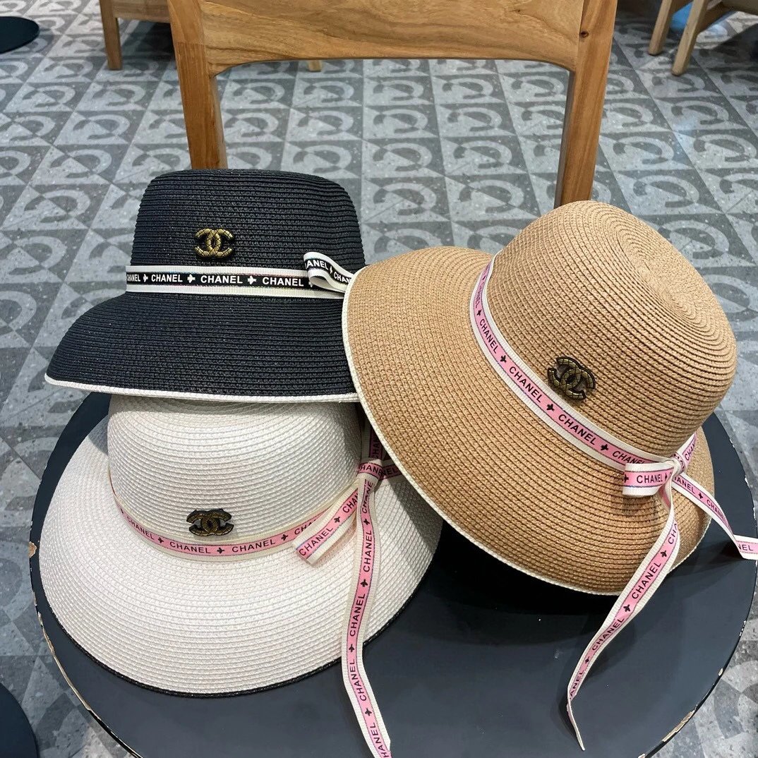Chanel Hat Casual Sun Hat High Quality Fashion Big Brand Socialite Style Lampshade Billycock,Flat straw hat,Head Circumference57cm Low-Key Luxury Travel Essential