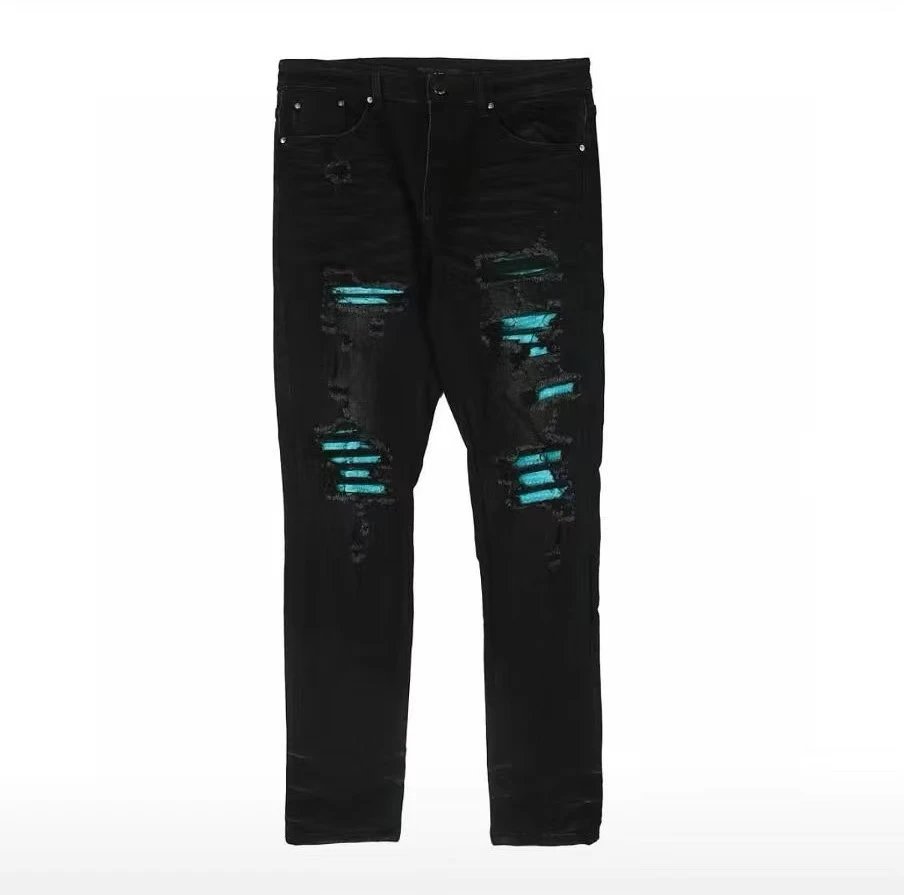 Amiri Jeans Front body blue patch logo25ss Spring Summer New Straight Slim Fit Jeans Unisex Loose Fit Long Pants